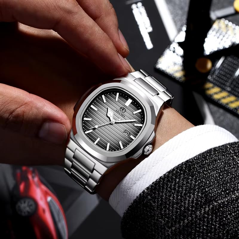 ADAMO Quartz Analog Grey Square Shape Date Dial Stainless Steel Strap Watch for Men-891SSM15 - Image 4