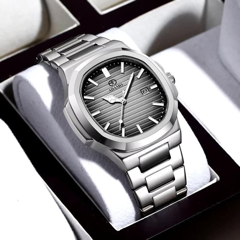 ADAMO Quartz Analog Grey Square Shape Date Dial Stainless Steel Strap Watch for Men-891SSM15 - Image 3