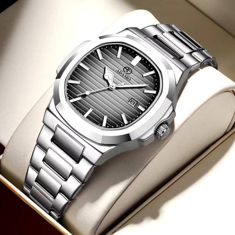 ADAMO Quartz Analog Grey Square Shape Date Dial Stainless Steel Strap Watch for Men-891SSM15 - Image 2