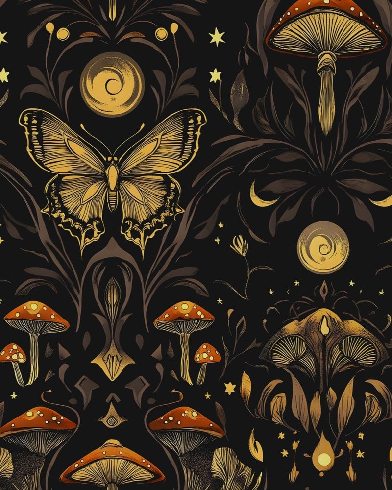 BOKEBEVE Dark Black Mushroom Wallpaper Peel and Stick Butterfly Wallpapers Vintage Wall Paper for Bathroom Bedroom Backsplash Drawer Cabinet Home Decoration Removable 17.5 x 118In - Image 1
