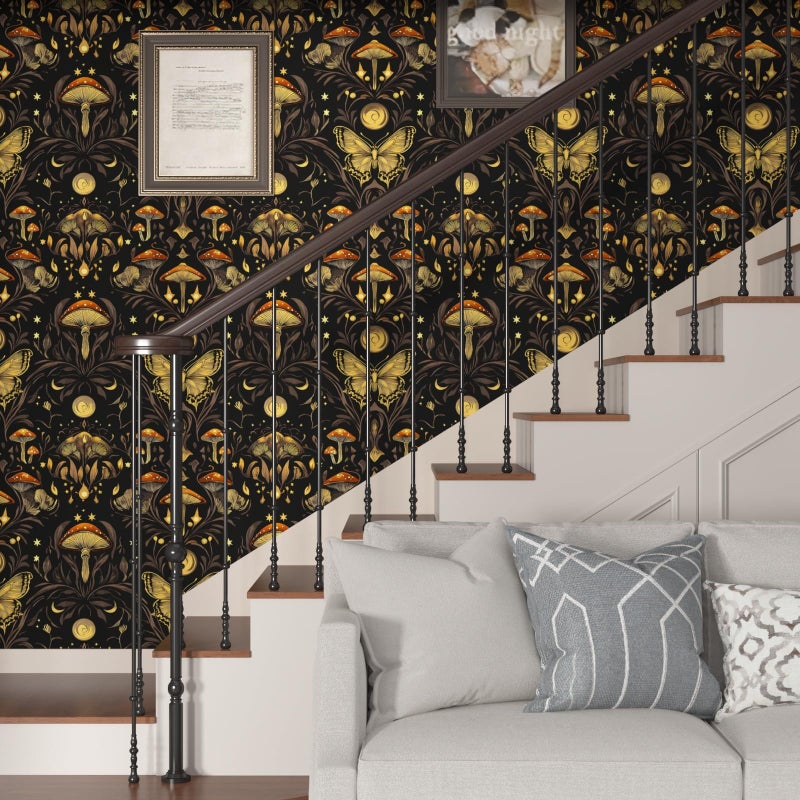 BOKEBEVE Dark Black Mushroom Wallpaper Peel and Stick Butterfly Wallpapers Vintage Wall Paper for Bathroom Bedroom Backsplash Drawer Cabinet Home Decoration Removable 17.5 x 118In - Image 3