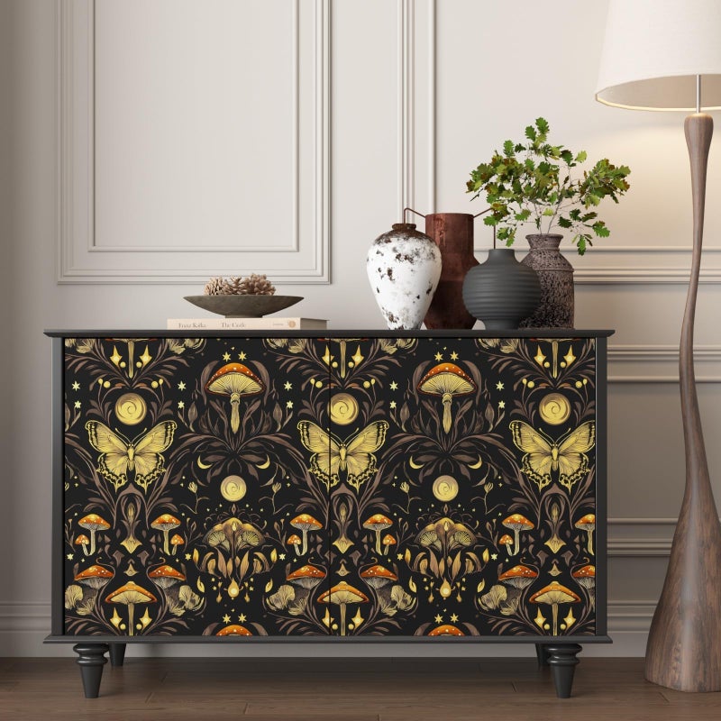 BOKEBEVE Dark Black Mushroom Wallpaper Peel and Stick Butterfly Wallpapers Vintage Wall Paper for Bathroom Bedroom Backsplash Drawer Cabinet Home Decoration Removable 17.5 x 118In - Image 5