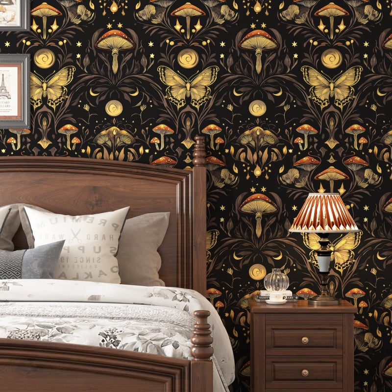 BOKEBEVE Dark Black Mushroom Wallpaper Peel and Stick Butterfly Wallpapers Vintage Wall Paper for Bathroom Bedroom Backsplash Drawer Cabinet Home Decoration Removable 17.5 x 118In - Image 2