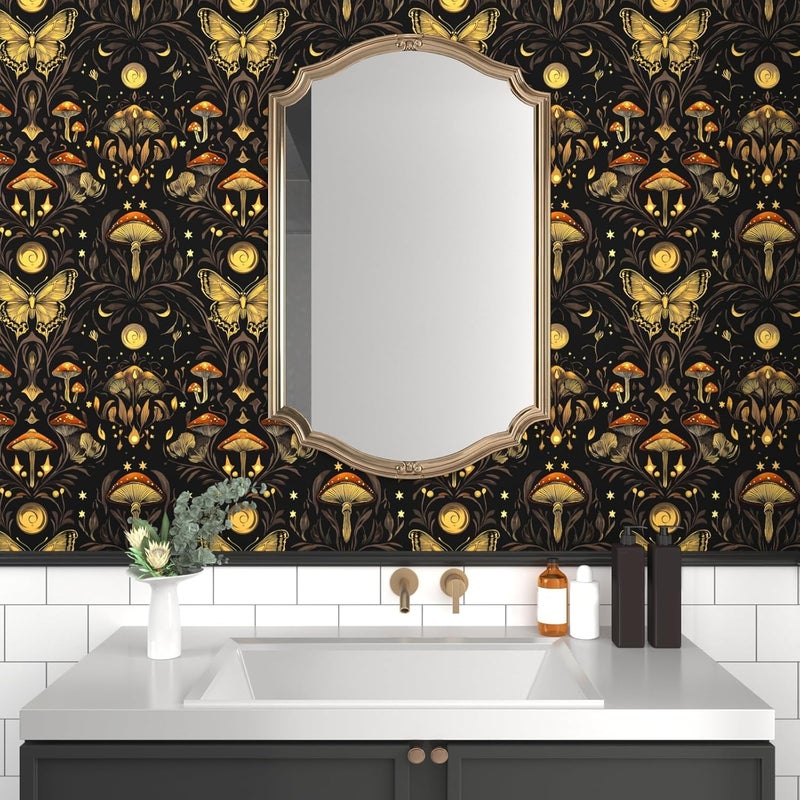 BOKEBEVE Dark Black Mushroom Wallpaper Peel and Stick Butterfly Wallpapers Vintage Wall Paper for Bathroom Bedroom Backsplash Drawer Cabinet Home Decoration Removable 17.5 x 118In - Image 4