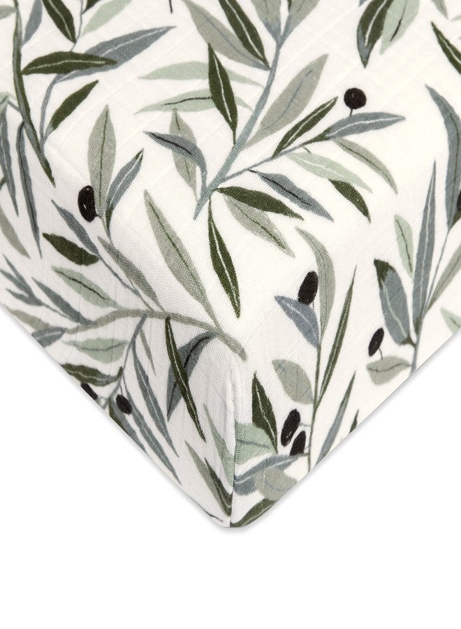 Babyletto 100% Organic Cotton Crib Sheet, GOTS-Certified, Fitted 360°, Ultra-Soft and Breathable Muslin - Olive Branches - Image 1