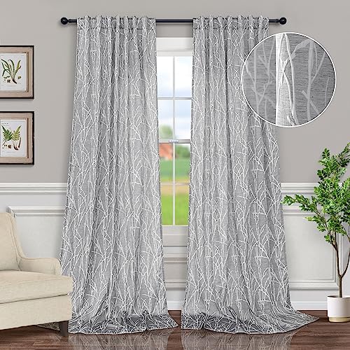Pitalk Dark Grey Curtains 84 Inches Long for Living Room 2 Panels Back Tab Pocket Tree Branch Forest Woodland Pattern Semi Blackout Gray Curtain for Bedroom Aesthetic French Country Spring Decor 52x84 Length - Image 2