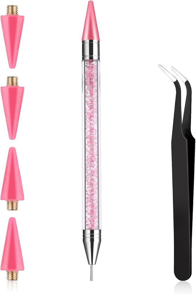 Prasacco أداة اختيار الراينستون من براساكو - أداة تطبيق الراينستون - قلم شمعي مزدوج الطرف - أدوات فن الأظافر DIY مع 4 رؤوس شمع إضافية و 1 ملقط للقيام بذلك بنفسك باللون الوردي - Image 1