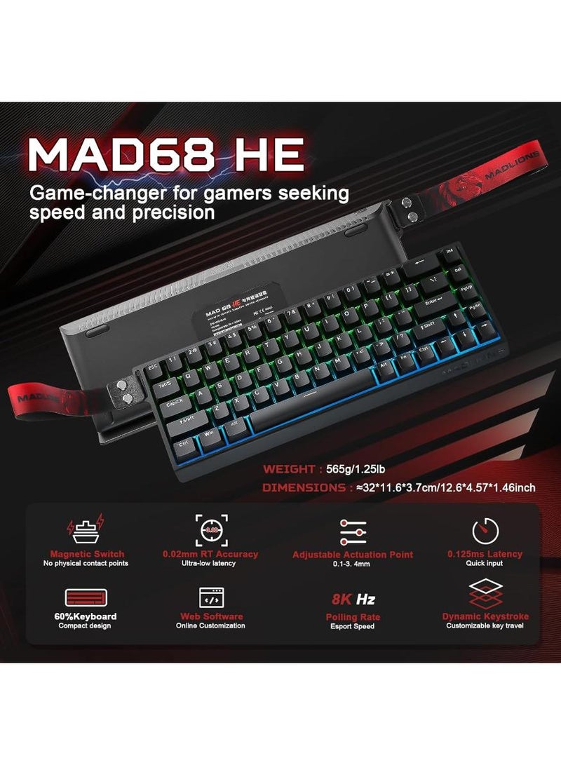 مادليونس لوحة مفاتيح الألعاب الميكانيكية الميكانيكية الميكانيكية السلكية MAD68 HE Rapid Trigger 60% تشغيل ميكانيكي مغناطيسي سلكي بتأثير القاعة قابل للتعديل، أغطية مفاتيح من نوع PBT RGB RGB Hot-Swap، معدل اقتراع 8K هرتز (أسود، مفتاح مغناطيسي كهرماني برو) - Image 3