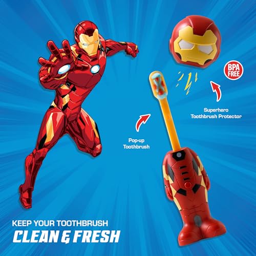 Brush Buddies Marvel Iron Man Kids Toothbrush Soft Rounded Bristles Poppin Fun Superhero Toothbrush Cover - Image 5