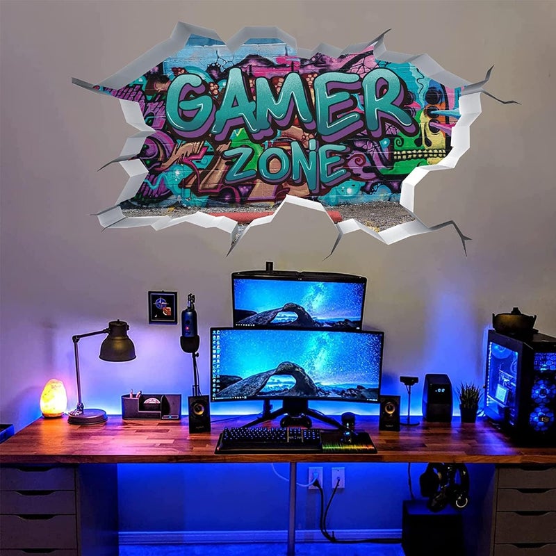 TOARTi Gamer Zone 3D Wall Stickers for Gamer Bedroom Accessories, Gaming Vinyl Wall Decal, Video Game Removable Wall Art Playroom Decor for Teens (Blue) - Image 2