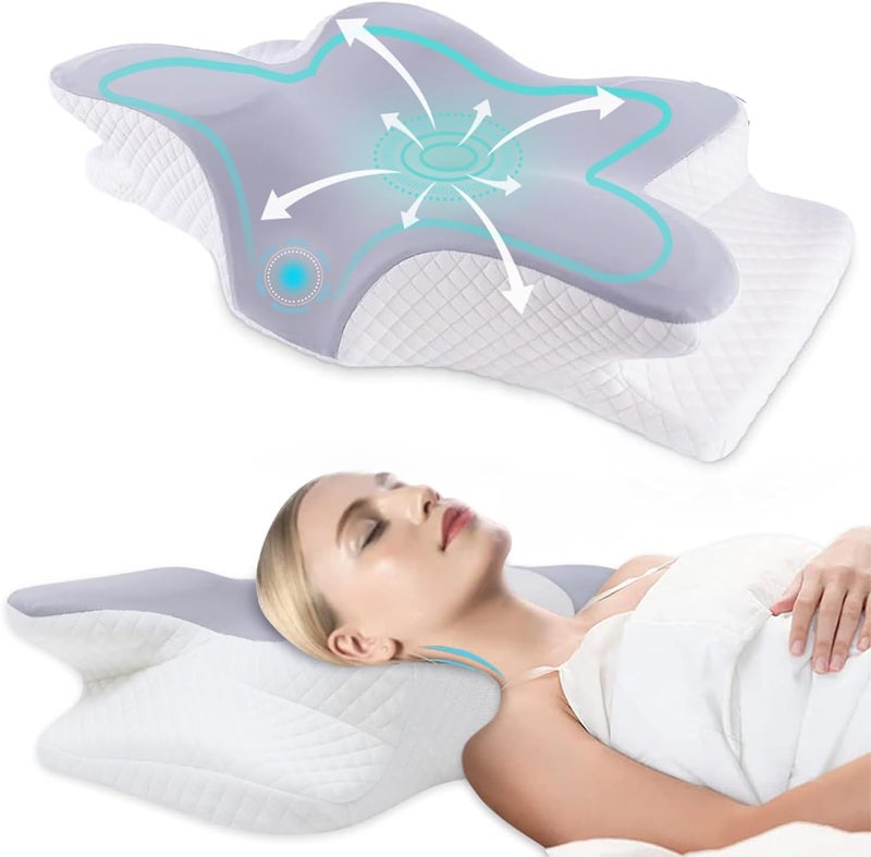 BLYPHOO Memory Foam Neck Pillow, Cervical Contour Bed Pillow for Shoulder Neck, Ergonomic Neck Support for Back Side Sleeping, with Washable Cover (Grey) - Image 1