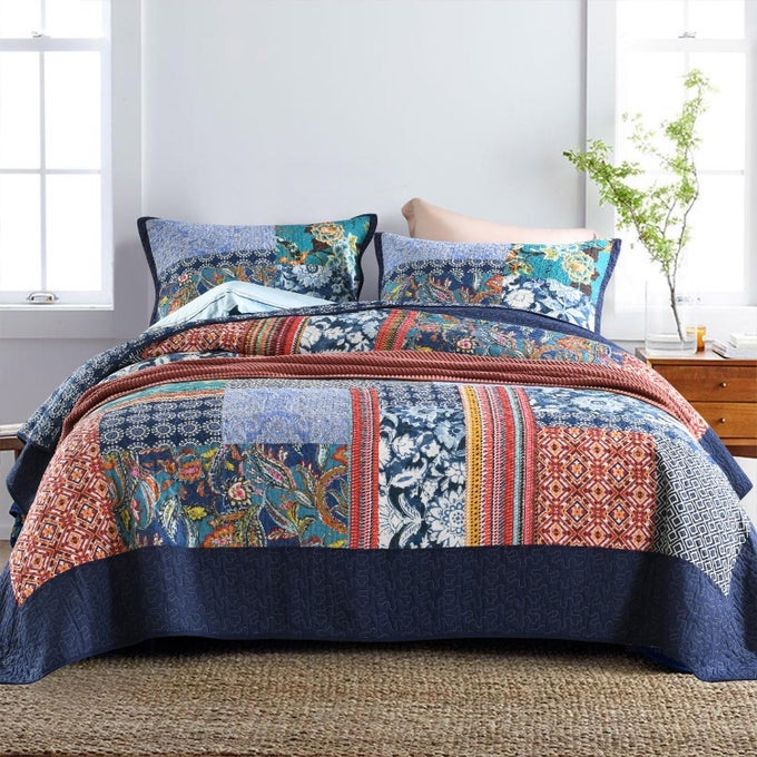 QUEEN COMFORTER SET FOR BED 100 COTTON QUILTS QUEEN SIZE NAVY BOHEMIA BEDSPREADS 90 98 INCH WITH 2 PILLOW SHAMS PATCHWORK REVERSIBLE LIGHTWEIGHT BEDDING