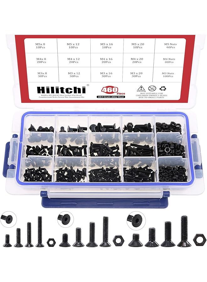 Hilitchi 460-Piece M3 M4 M5 Hex Head Bolt Socket Cap Screws Nuts Assortment Kit 12.9 Grade Alloy Steel HFSY-460 - Image 1
