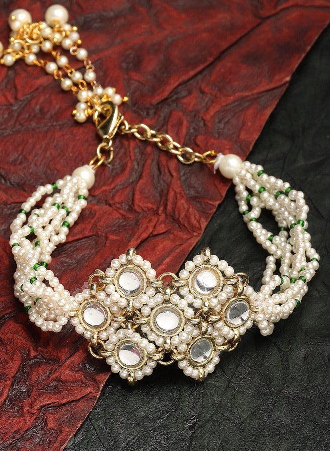 Karatcart Karacart Gold Plated Pearl Beaded Kundan Bracelet for Women - Image 4