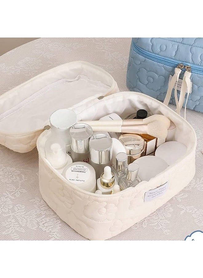 HOUSE OF QUIRK HOUSE OF QUIRK Flower Quilting Cloth Makeup Bag Travel Toiletry Bag With Handle Organizer For Women Girls (White)  - Image 2