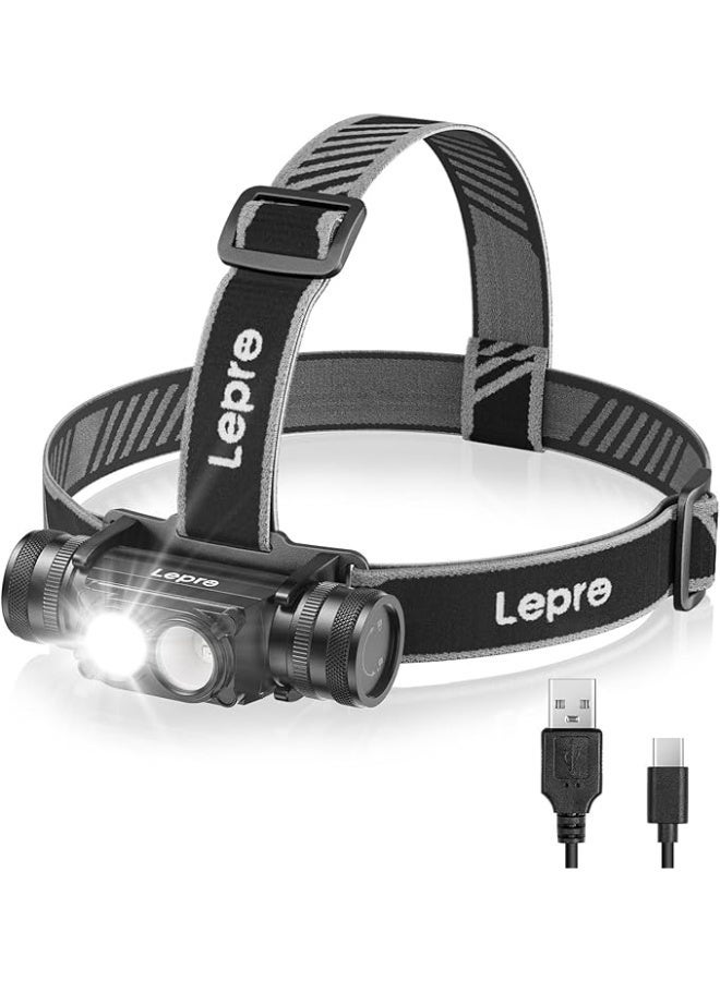 Lepro Head Torch Rechargeable, 2 in 1 Detachable Lightweight Headlamp with IP65 Waterproof, 180° Adjustable, 6 Lighting Modes, Long Runtime, Red Lights, Al Alloy LED Headlight for Camping - Image 1