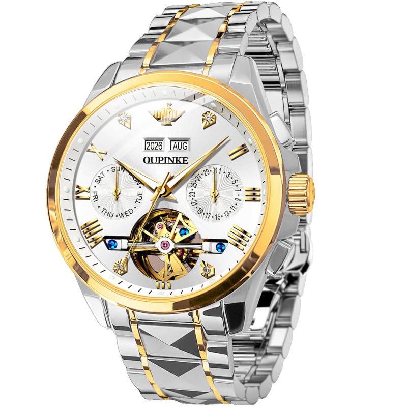 OUPINKE Mens Watches Big Face Skeleton Automatic Mechanical Two Tone Tungsten Steel Luminous Business Wristwatch 160FT Waterproof Self Winding White - Image 2