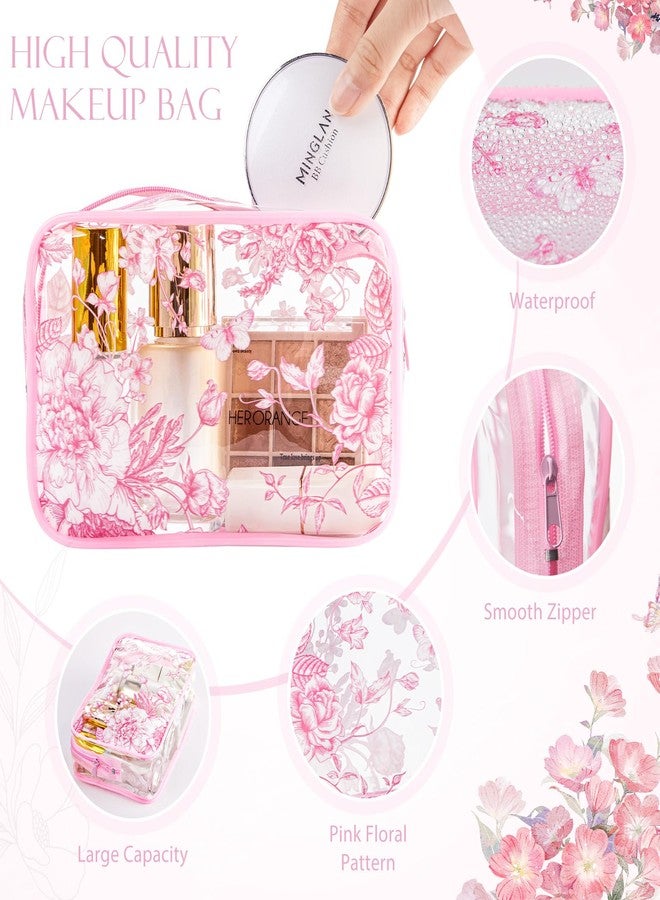 SilTriangle Set of 10 Clear Floral Cosmetic Bags PVC Makeup Bags Waterproof Travel Organizer Toiletry Pouches for Wedding Birthday Baby Shower Party Ideal Gift for Women Nurse Bridesmaid(Pink) - Image 3