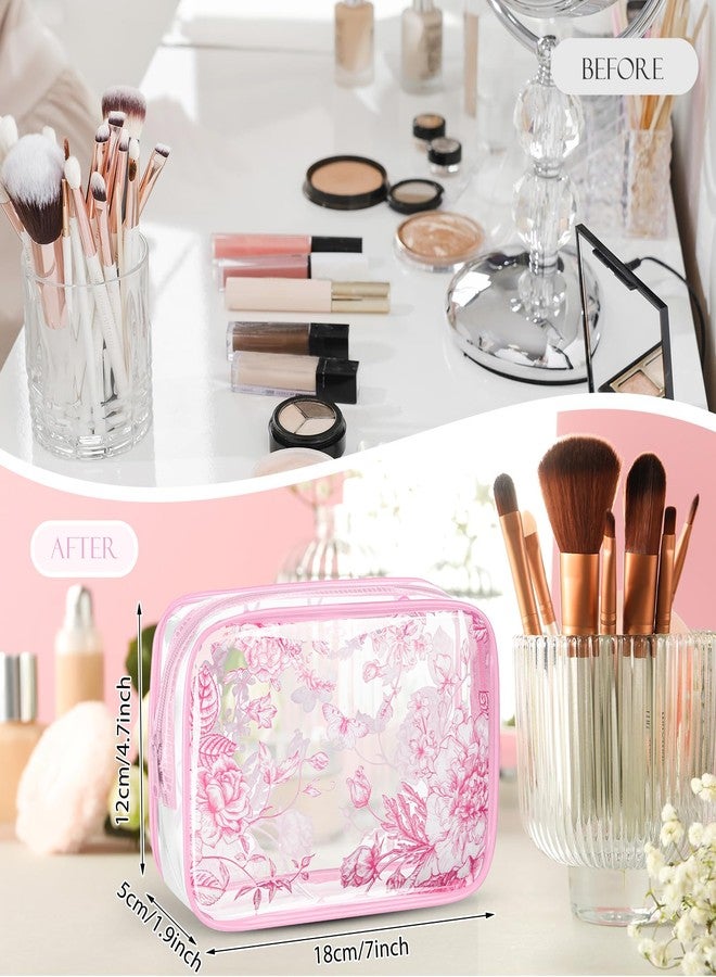 SilTriangle Set of 10 Clear Floral Cosmetic Bags PVC Makeup Bags Waterproof Travel Organizer Toiletry Pouches for Wedding Birthday Baby Shower Party Ideal Gift for Women Nurse Bridesmaid(Pink) - Image 2