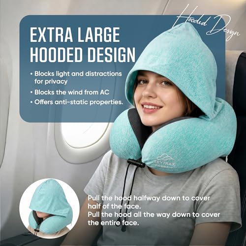 SKYTRAX COMF Travel Pillow with Extra Large Hood for Airplane Long Flights Privacy and Comfort Memory Foam with SkinFriendly Cover for Road Trip HeadNeck Support for Plane Office Cars Sleeping Rest Mint Blue - Image 3