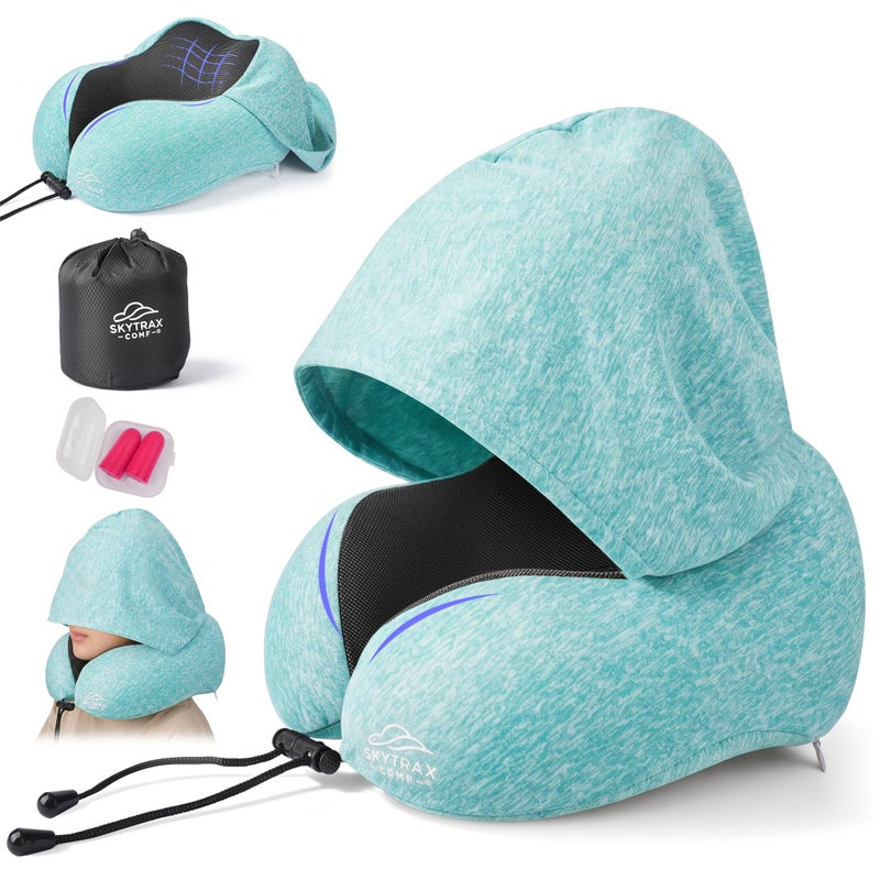 SKYTRAX COMF Travel Pillow with Extra Large Hood for Airplane Long Flights Privacy and Comfort Memory Foam with SkinFriendly Cover for Road Trip HeadNeck Support for Plane Office Cars Sleeping Rest Mint Blue - Image 2