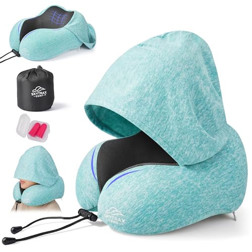 SKYTRAX COMF Travel Pillow with Extra Large Hood for Airplane Long Flights Privacy and Comfort Memory Foam with SkinFriendly Cover for Road Trip HeadNeck Support for Plane Office Cars Sleeping Rest Mint Blue - Image 1