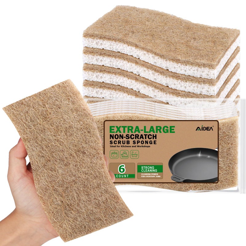 AIDEA XL Non-Scratch Scrub Sponges, 6Count, Natural Sponge for Non Stick Cookware, Sponges Kitchen, Cellulose Cleaning Sponge for Dishes, Kitchen, Bathroom, Household - Image 1