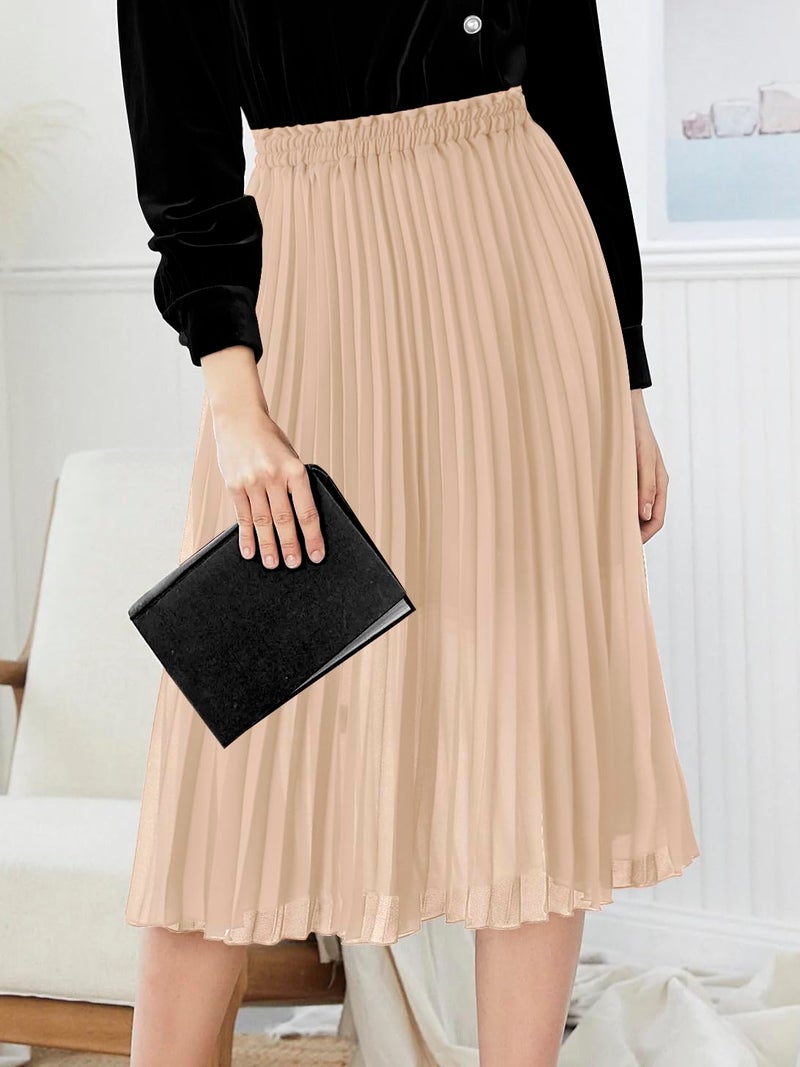 GOOBGS Women's Pleated A-Line High Waist Swing Flare Midi Skirt Beige Small - Image 2