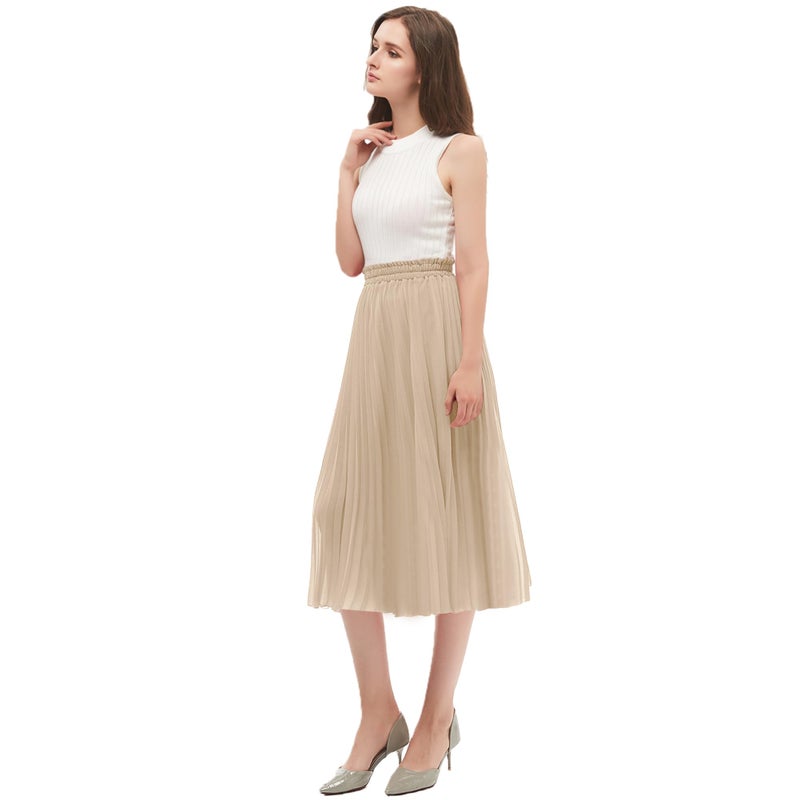 GOOBGS Women's Pleated A-Line High Waist Swing Flare Midi Skirt Beige Small - Image 4