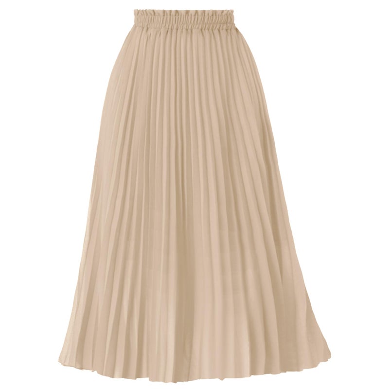 GOOBGS Women's Pleated A-Line High Waist Swing Flare Midi Skirt Beige Small - Image 1