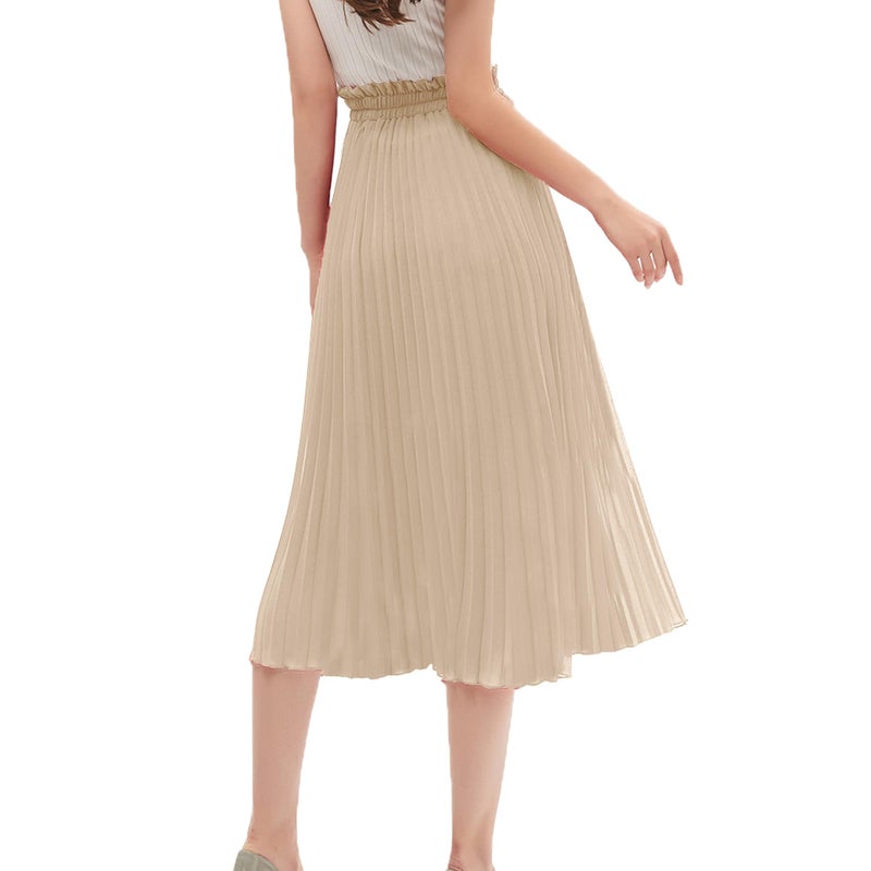 GOOBGS Women's Pleated A-Line High Waist Swing Flare Midi Skirt Beige Small - Image 3