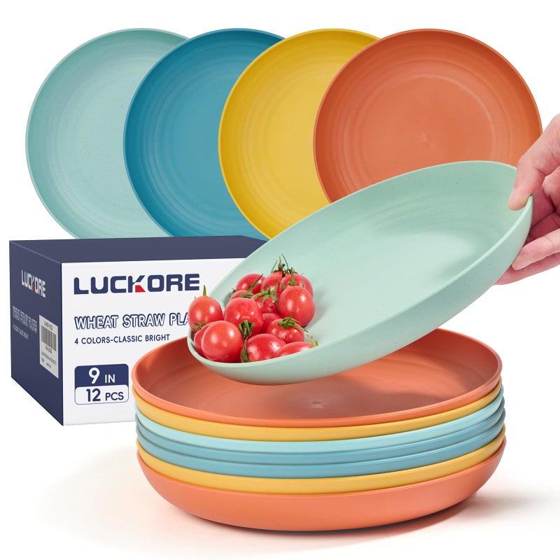 Luckore 9 inch Deep Dinner Plates Set of 12 Wheat Straw Plates, Unbreakable Dinner Dishes Alternative for Plastic Microwave and Dishwasher Safe for Kitchen with 4 Colors Classic Bright - Image 1