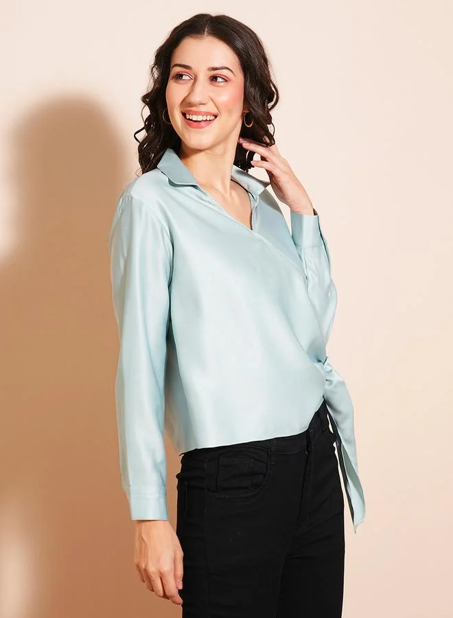 globus Women Blue Shirt Collar Satin Wrap Top