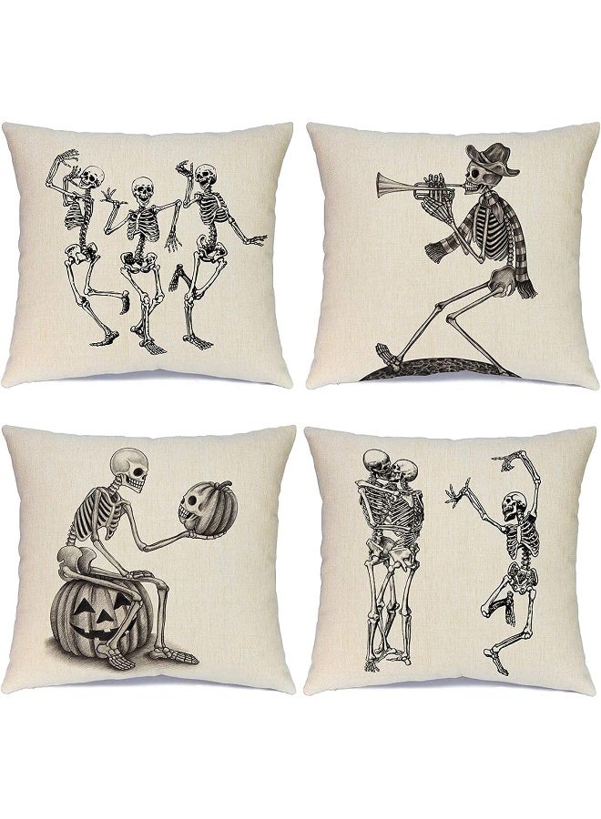Ueerdand Ueerdand Halloween Pillow Covers Skeleton Skull Pumpkin Throw Pillowcases Set of 4 Cotton Linen Pillow Cushion Cover for Halloween Decorations, 20 by 20 Inch  - Image 1