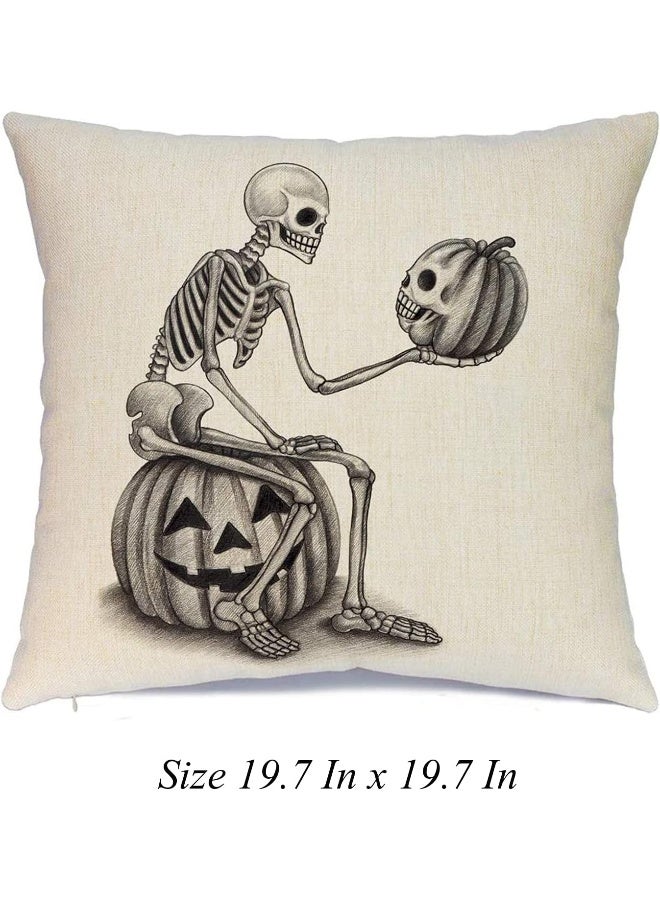 Ueerdand Ueerdand Halloween Pillow Covers Skeleton Skull Pumpkin Throw Pillowcases Set of 4 Cotton Linen Pillow Cushion Cover for Halloween Decorations, 20 by 20 Inch  - Image 3