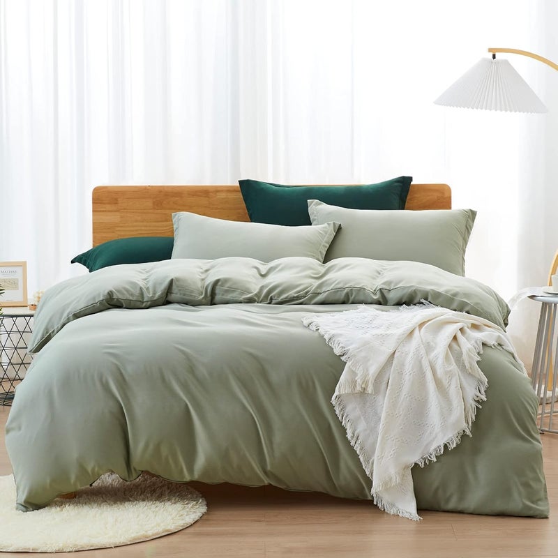 Dreaming Wapiti Duvet Cover Queen,Washed Microfiber Green Queen Size Duvet Cover Set,Solid Color - Soft and Breathable with Zipper Closure & Corner Ties (Green, Queen) - Image 1