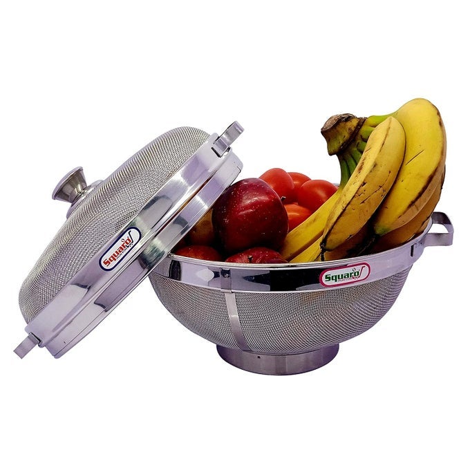 HIGH GRADE 304 STAINLESS STEEL FRUIT VEGETABLE BASKET WITH COVER DRAINING STRAINER KITCHEN ACCESSORIES FOR HOME LID BASKET NO11 DIAMETER 11 INCH