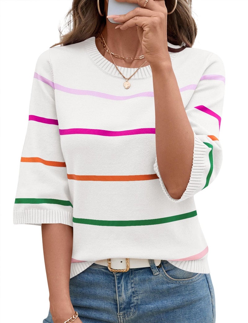 LOMON Womens Sweaters Casual Fall 2025 Crew Neck Striped 3/4 Sleeve Lightweight Knit Trendy Pullover Sweater Tops Shirts, S - Image 1