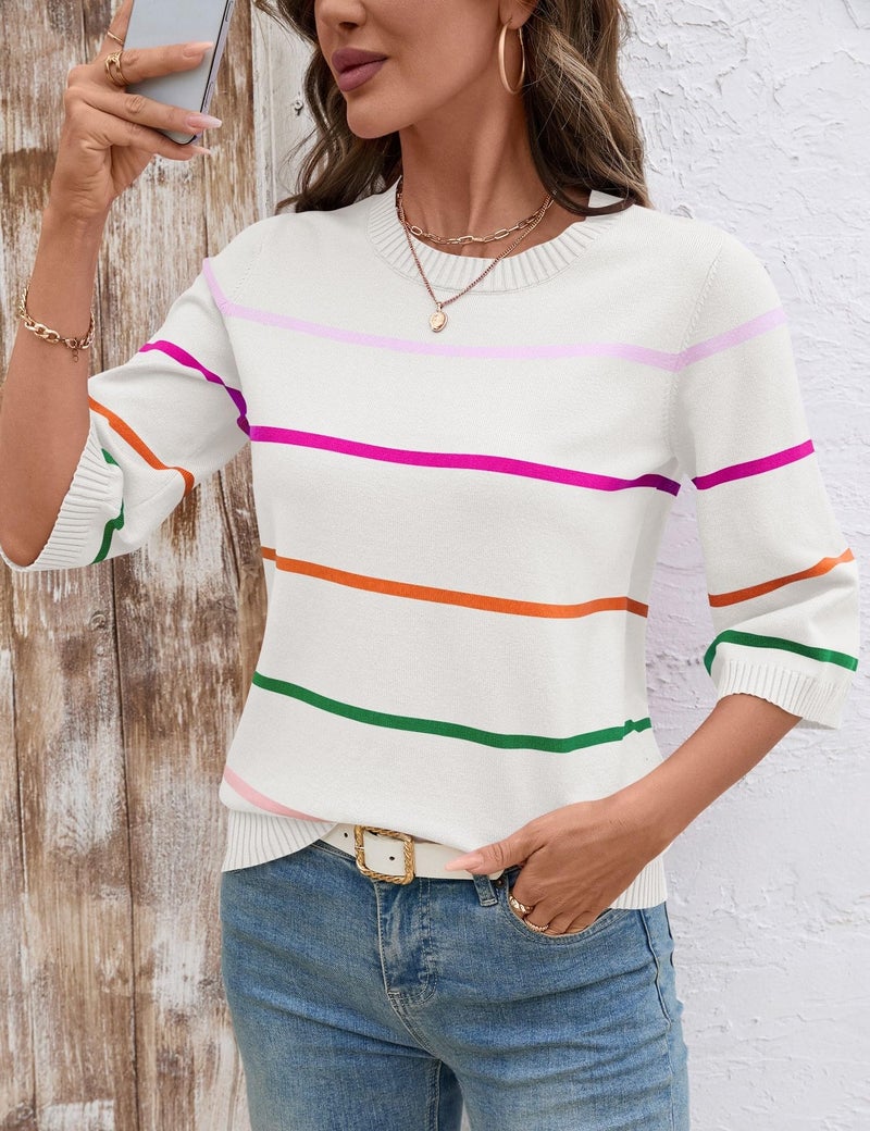LOMON Womens Sweaters Casual Fall 2025 Crew Neck Striped 3/4 Sleeve Lightweight Knit Trendy Pullover Sweater Tops Shirts, S - Image 3