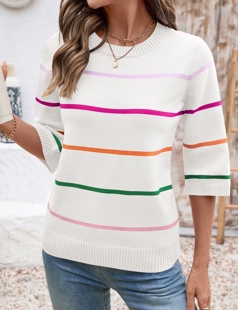 LOMON Womens Sweaters Casual Fall 2025 Crew Neck Striped 3/4 Sleeve Lightweight Knit Trendy Pullover Sweater Tops Shirts, S - Image 4