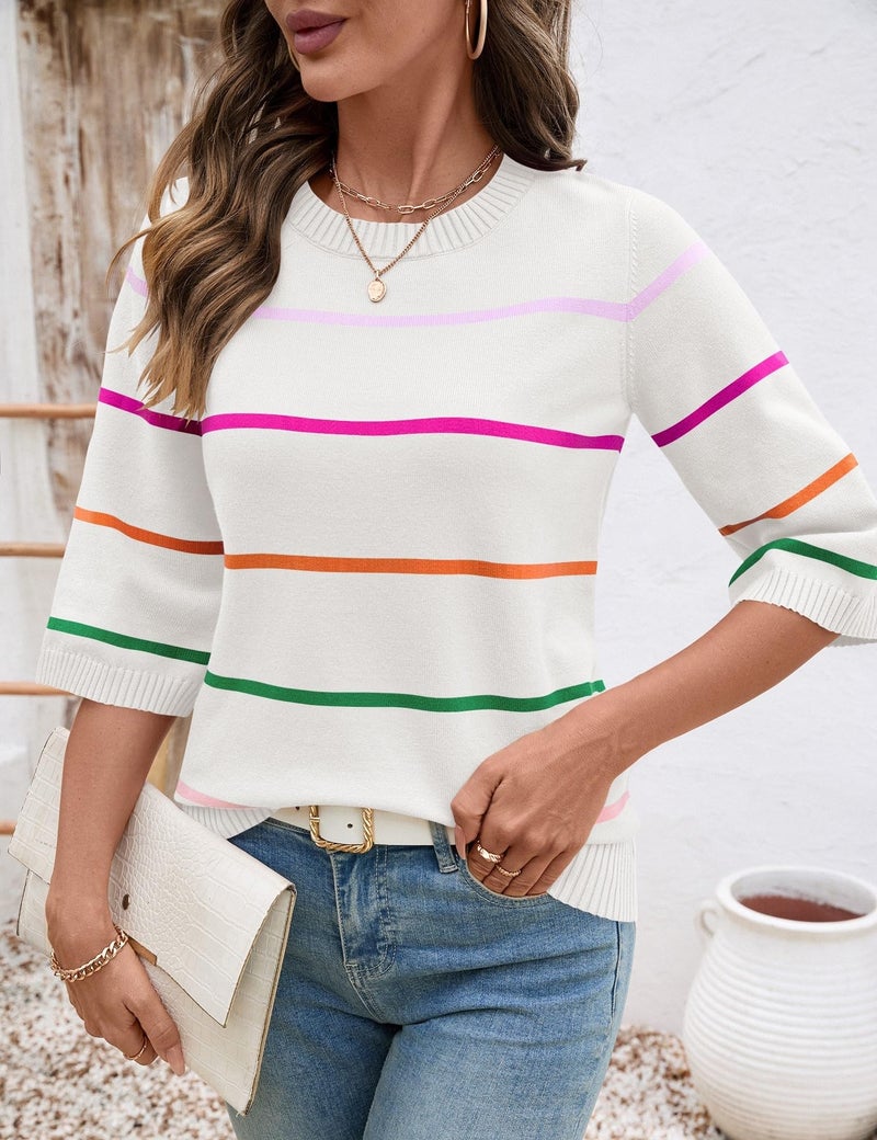 LOMON Womens Sweaters Casual Fall 2025 Crew Neck Striped 3/4 Sleeve Lightweight Knit Trendy Pullover Sweater Tops Shirts, S - Image 2
