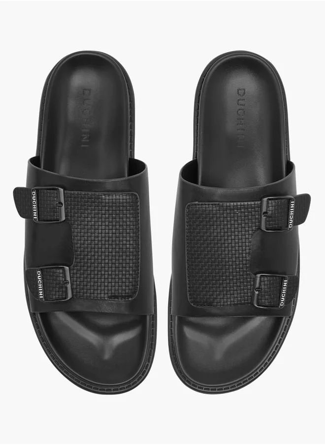 دوتشيني Men's Textured Slip-On Cross Strap Sandals with Buckle Detail