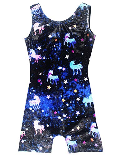 TENVDA Gymnastics Leotards for Girls 5-6 Years Old Sparkly Blue Starry Sky Sleeveless Biketard Tumbling Unitard - Image 1