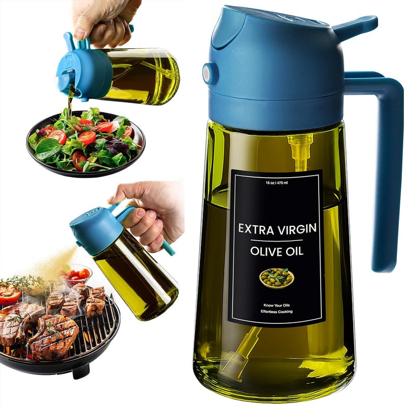 CXINYI - 16oz/470ml Olive Oil Dispenser for Kitchen with Stickers - 2 in 1 Olive Oil Sprayer for Cooking, Air Fryer, and Salad, Blue (Light-Proof Kitchen Gadget) - Image 1