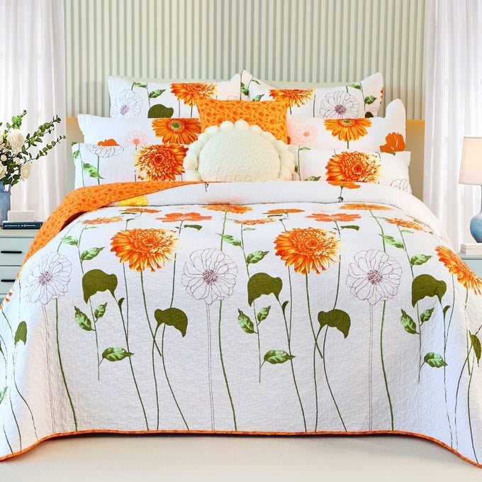 100 COTTON QUILT KING SIZE ORANGE SUNFLOWER BEDDING SET FLORAL LIGHTWEIGHT QUILT REVERSIBLE COVERLET BEDSPREAD WITH 2 PILLOW SHAMS ALL SEASONS 3 PIECES 106X96