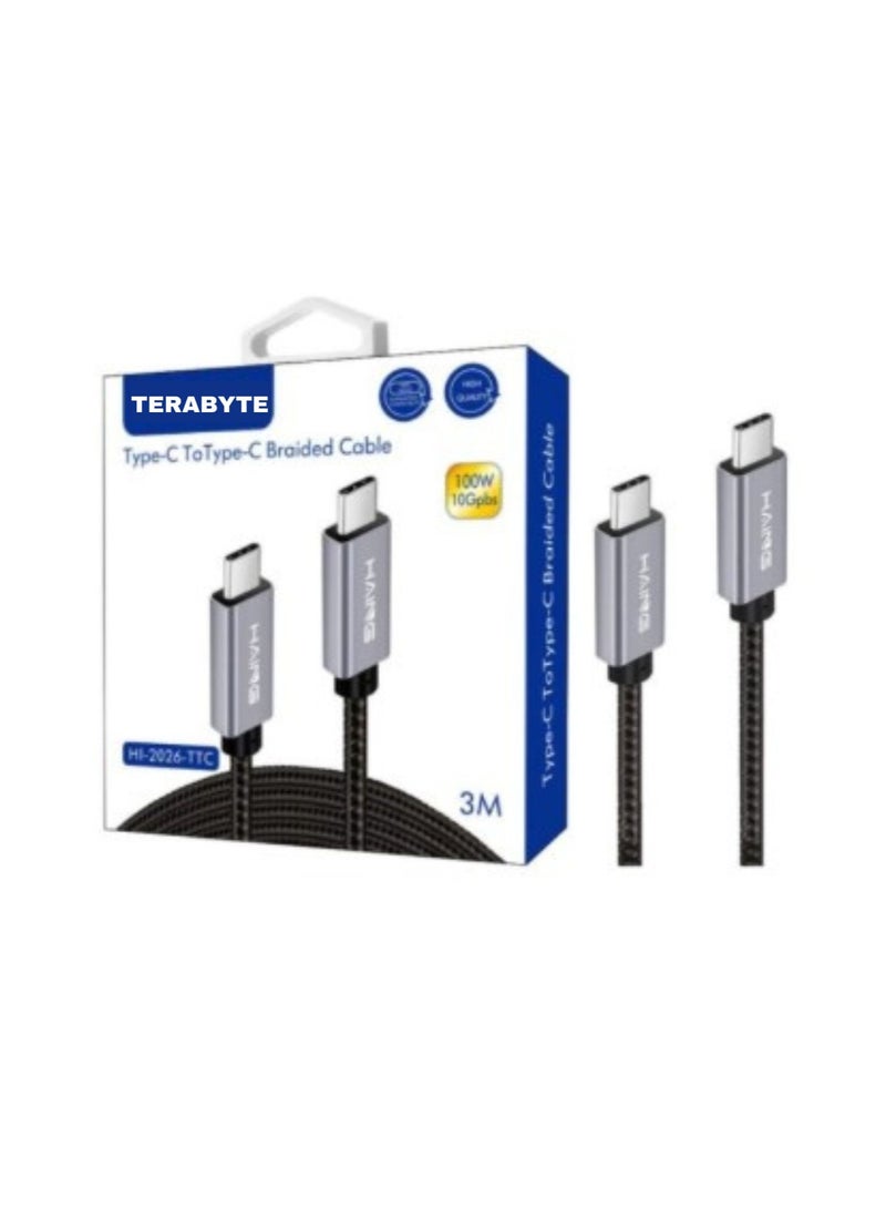 Terabyte Type-C to Type-C Braided Cable HI-2026-TTC Type-C to Type-C Braided Cable 3M 100W - Image 1