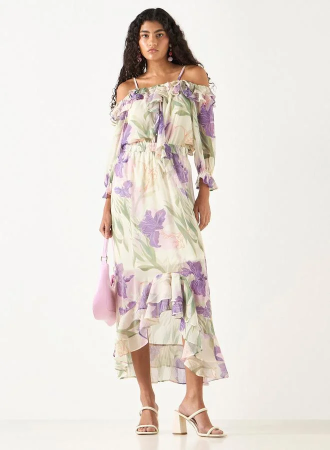 2Xtremz 2Xtremz All-Over Floral Print Off Shoulder Top with Ruffles