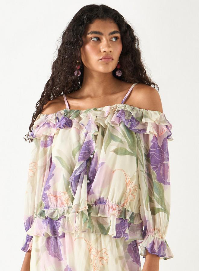 2Xtremz All-Over Floral Print Off Shoulder Top with Ruffles - Image 1
