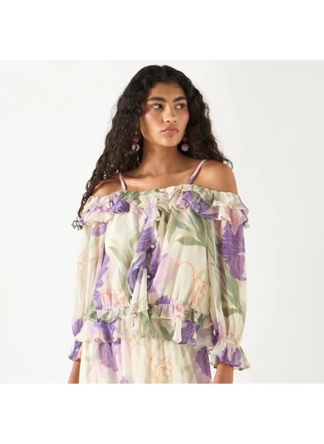 2Xtremz 2Xtremz All-Over Floral Print Off Shoulder Top with Ruffles