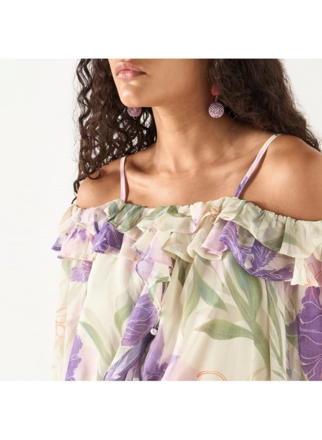 2Xtremz All-Over Floral Print Off Shoulder Top with Ruffles - Image 4
